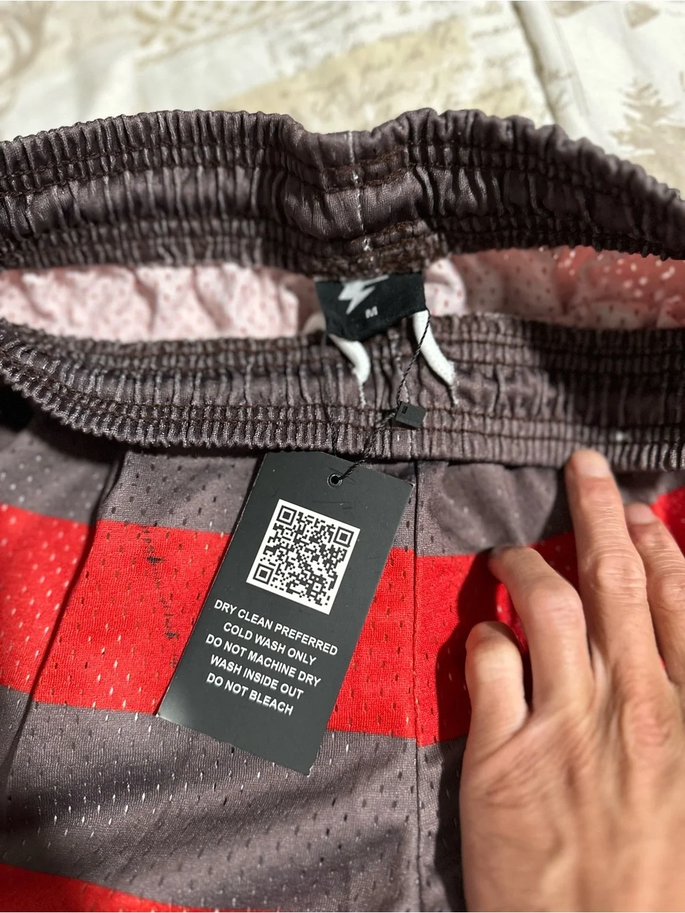 Crispy Unisex Red and Gray Striped Athletic Mesh Shorts